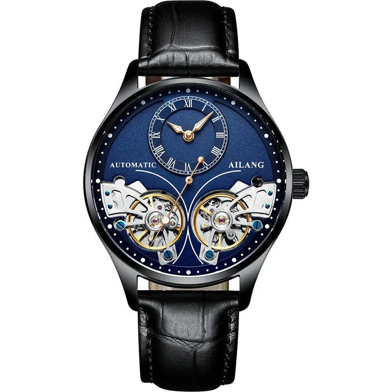 Automatic men's watch with tourbillon and moon phase on a black dial in a titanium case.