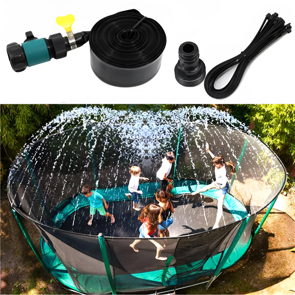 Blue portable PVC garden sprinkler with solar panel for water cooling on lawn
