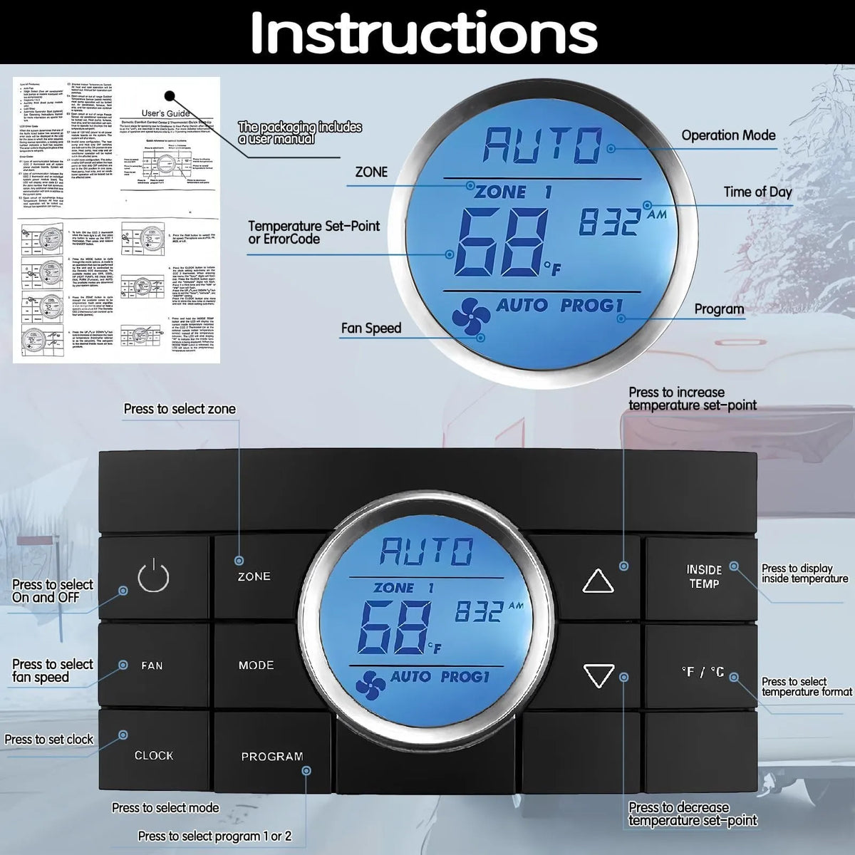 RV thermostat air conditioning controller in black and silver for models 3314082.011 and 3314082011