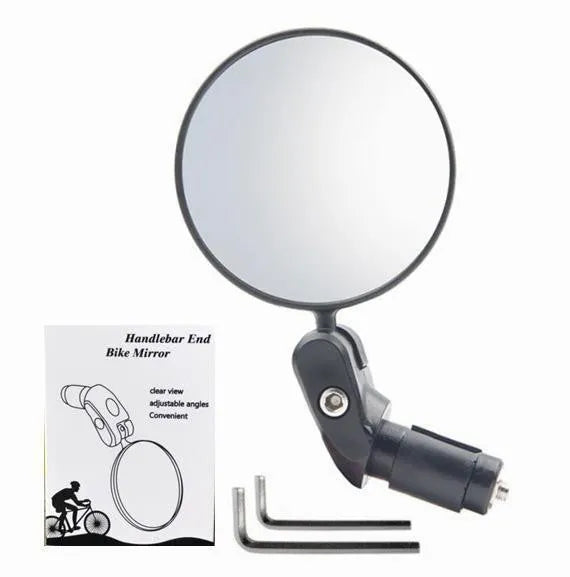Black foldable convex rearview mirror showing 7cm diameter reflector and 14cm length adjustable arm.