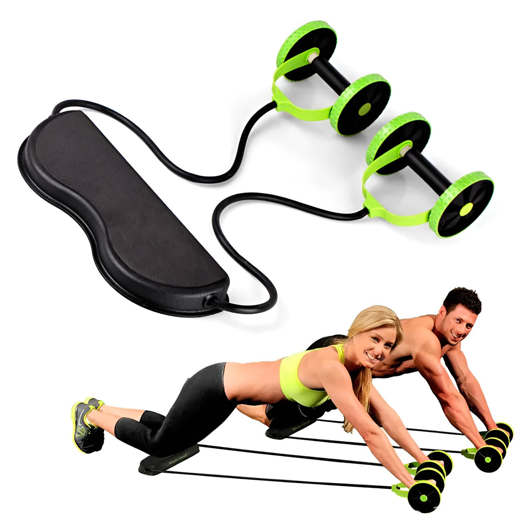 Double-wheeled abdomen wheel with pull rope in green colour on a flat surface