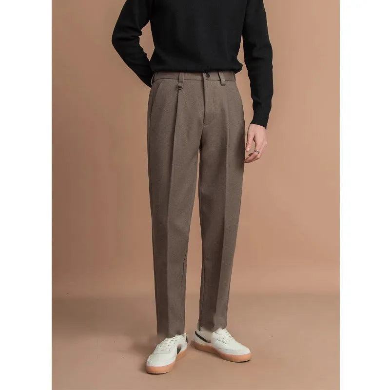 Men's straight-leg business casual trousers in polyester fabric, shown in black, brown, dark gray, or khaki.
