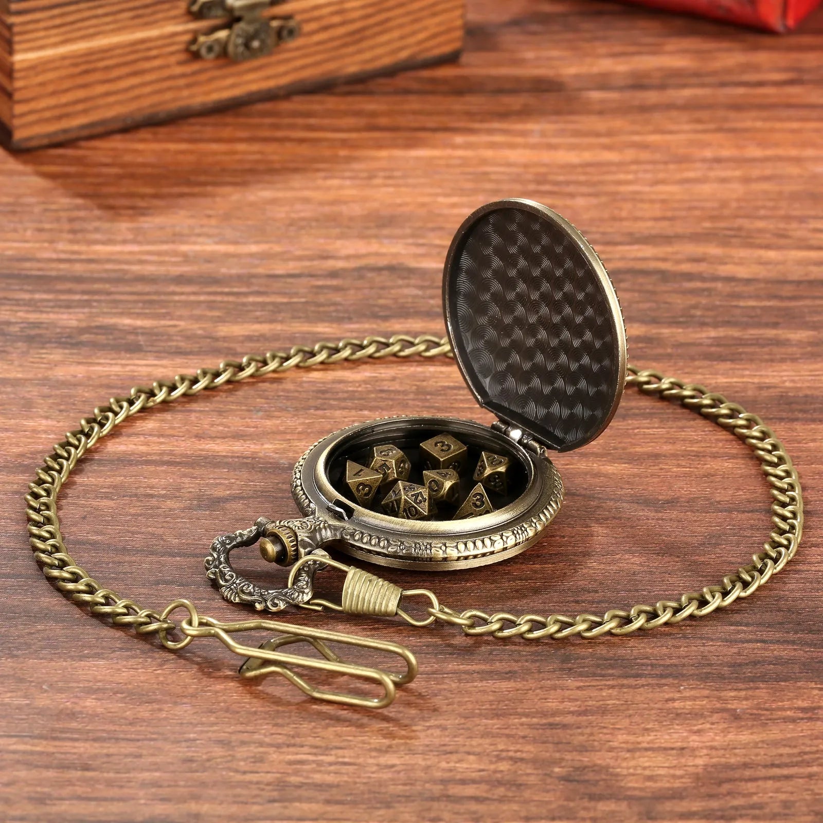 Steampunk cyclops octopus dice set in bronze finish inside metal storage box