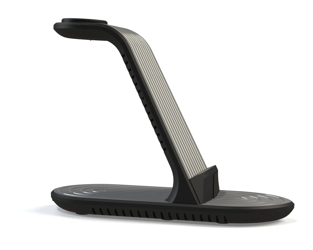 Four-in-one wireless charger in black for Apple iPhone, iWatch, and headset, with cable and adapter