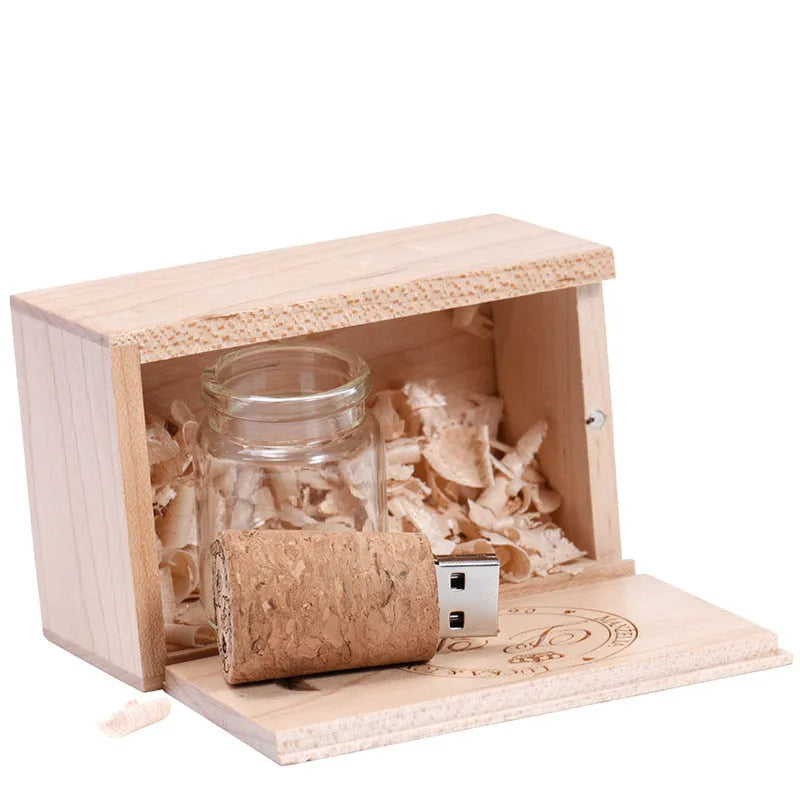 Wooden drift bottle shaped USB flash drive in chocolate colour with graphic customisation option
