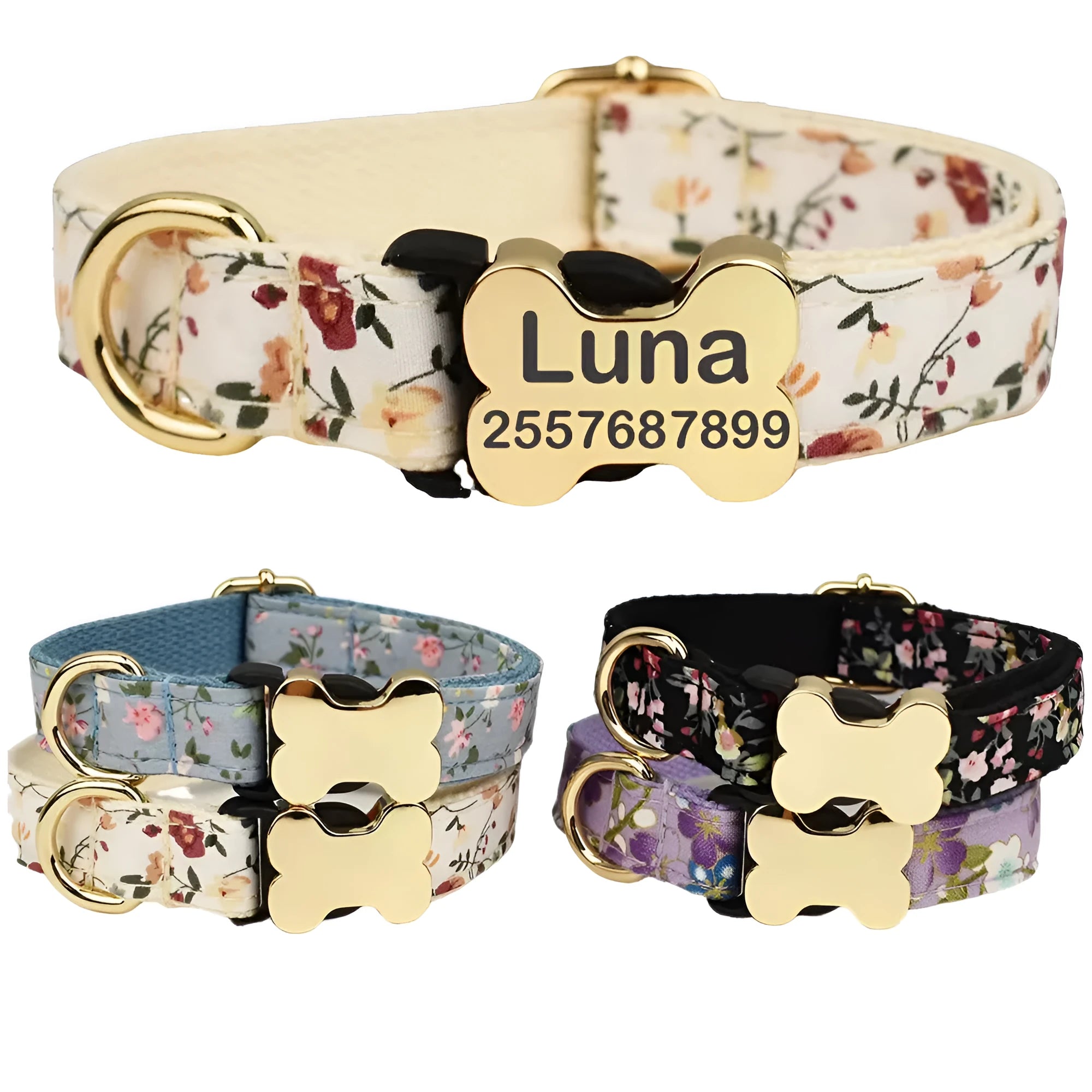 Nylon dog collar with grid pattern print and bone-shaped buckle in multiple colour options