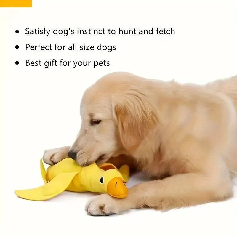 Yellow teddy dog toy with duck attachment and sound module for training and teeth stimulation