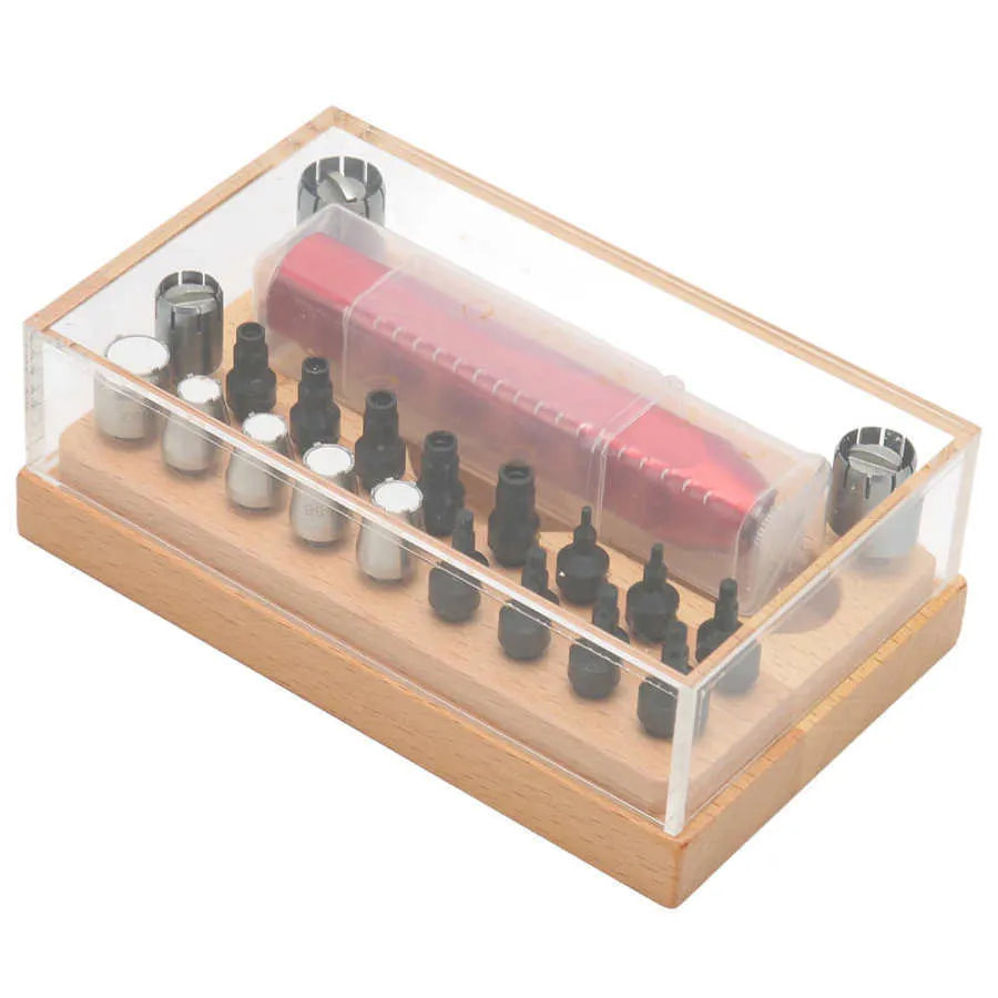 20-piece steel watch repair tool set with barrel-opening extracting tubes for watch case maintenance