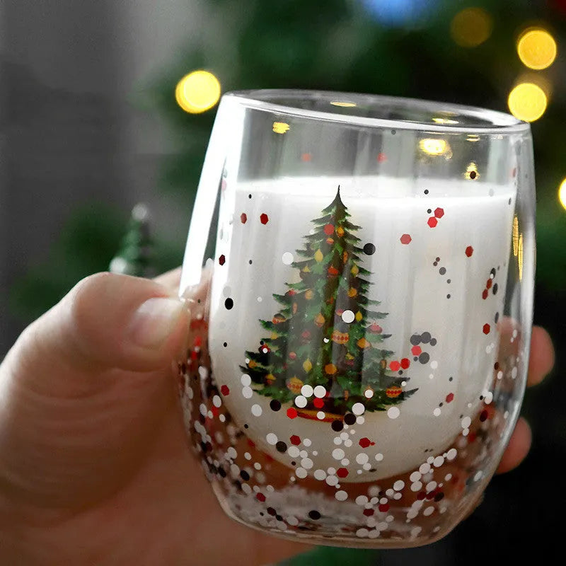 Double-layer borosilicate glass coffee cup with flowing sequins, Christmas tree design, 301-400ml capacity