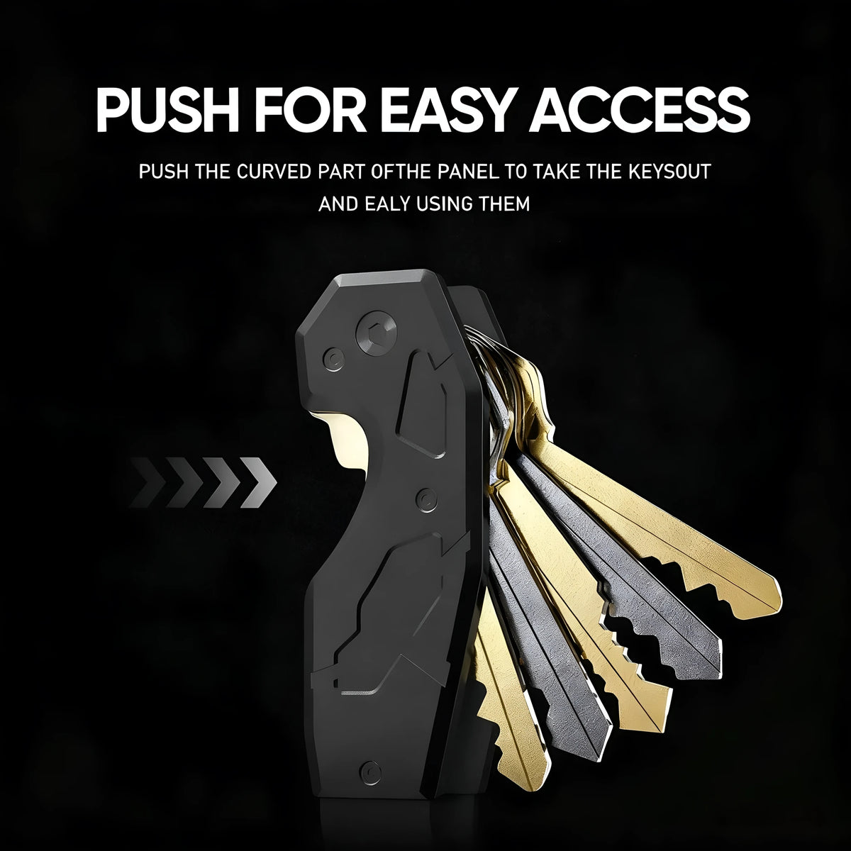 Aluminium alloy keychain in black on a white background, showing compact 90x27mm size and metal keyring