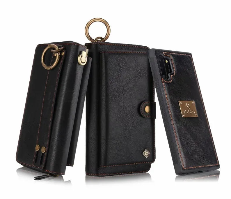 Black PU leather zip wallet case open to show smartphone and card slots.