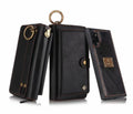 Black PU leather zip wallet case open to show smartphone and card slots.