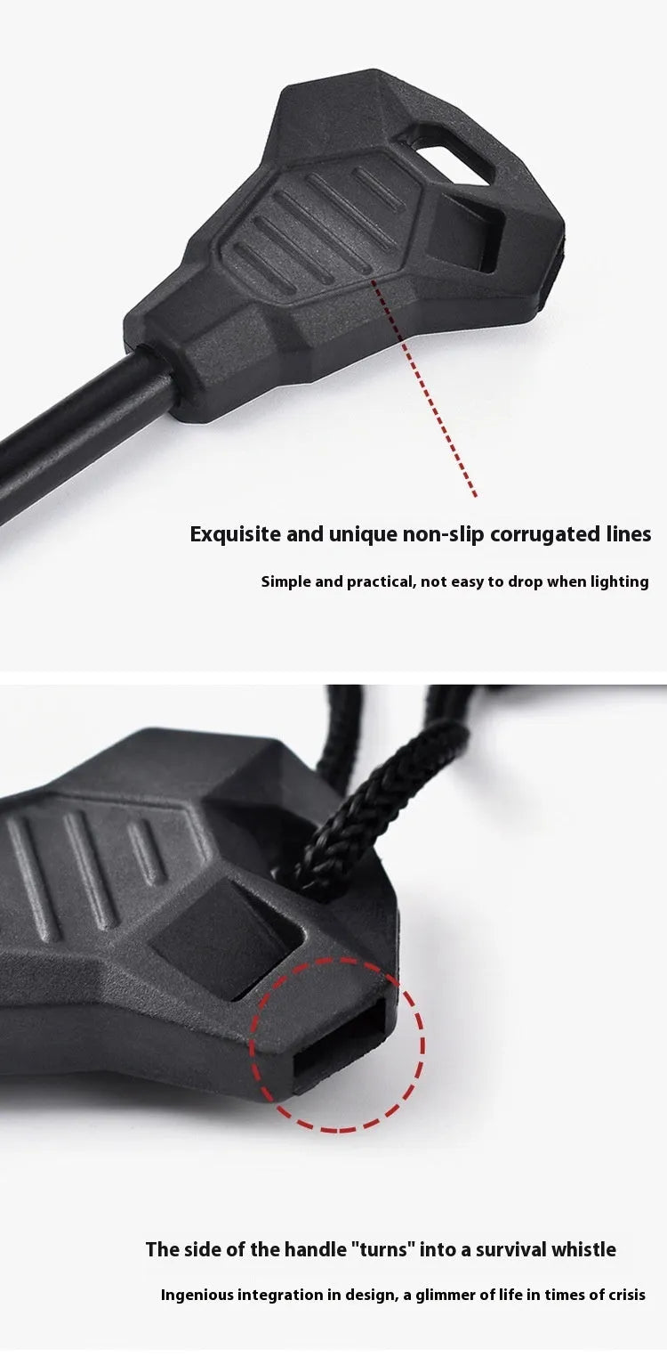 Black multifunctional camping flint with magnesium rod and stainless steel scraper showing graduated scale and bottle opener