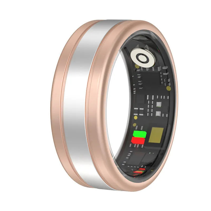 Smart ring in gold finish with health monitoring features including heart rate and step counting