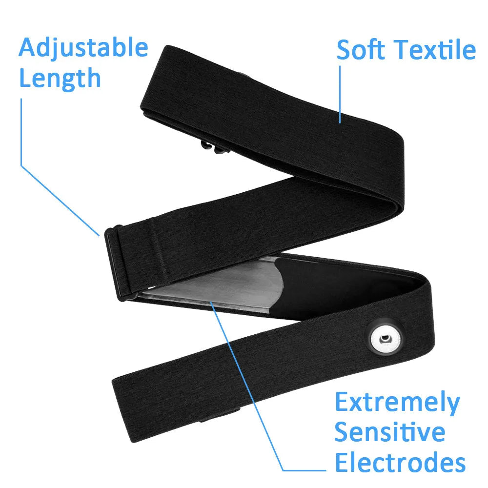 Black Bluetooth 4.0 heart rate monitor chest strap with removable transmitter and adjustable nylon elastic band for gym and outdoor use