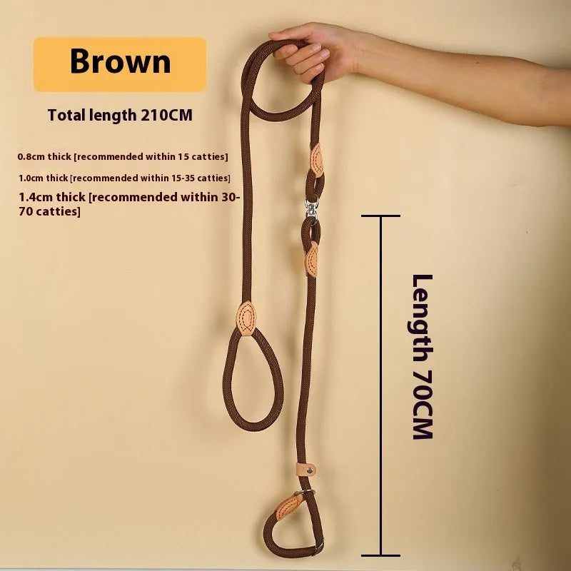 Brown nylon P chain dog leash with 2.1 metre length showing thickness variation