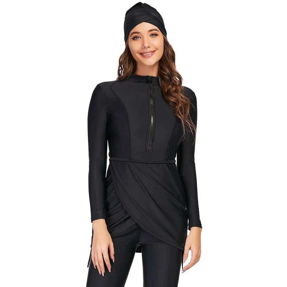 Black conservative Muslim swimsuit for ladies with separate top and pants, quick-dry fabric