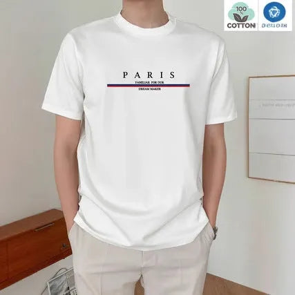 Men's loose fit short sleeve T-shirt with a letter print, shown in apricot colour.