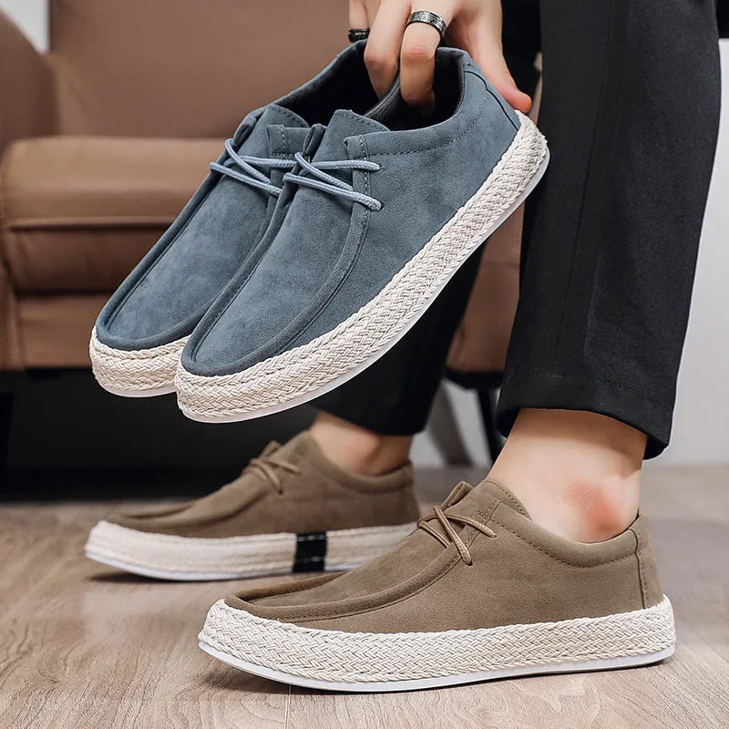 Men's low-top casual sneakers in khaki or blue, artificial PU upper, PVC sole