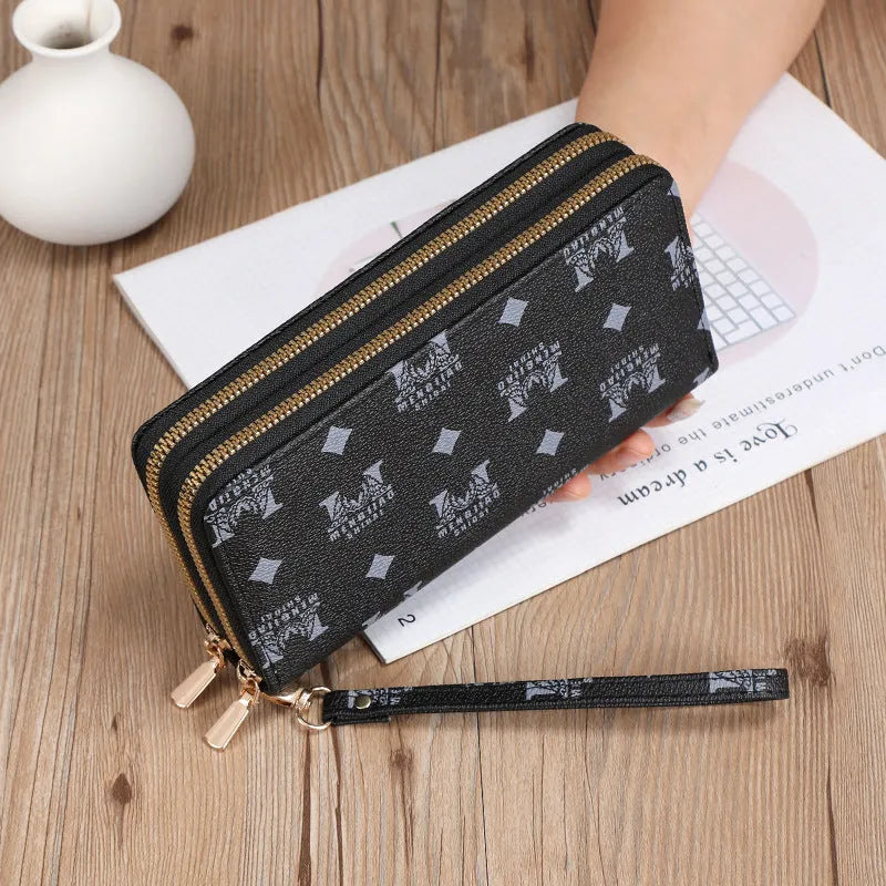 Black PU leather long wallet clutch with mobile phone compartment and zip coin purse