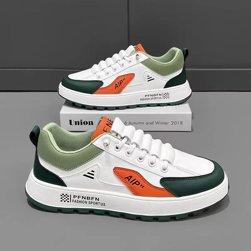 Men's solid-colour casual shoes in artificial PU with round toe, shown in white and orange colourway.