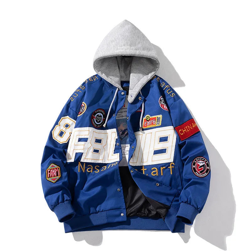 Loose-fitting black American motorcycle baseball jacket with detachable hood on a hanger