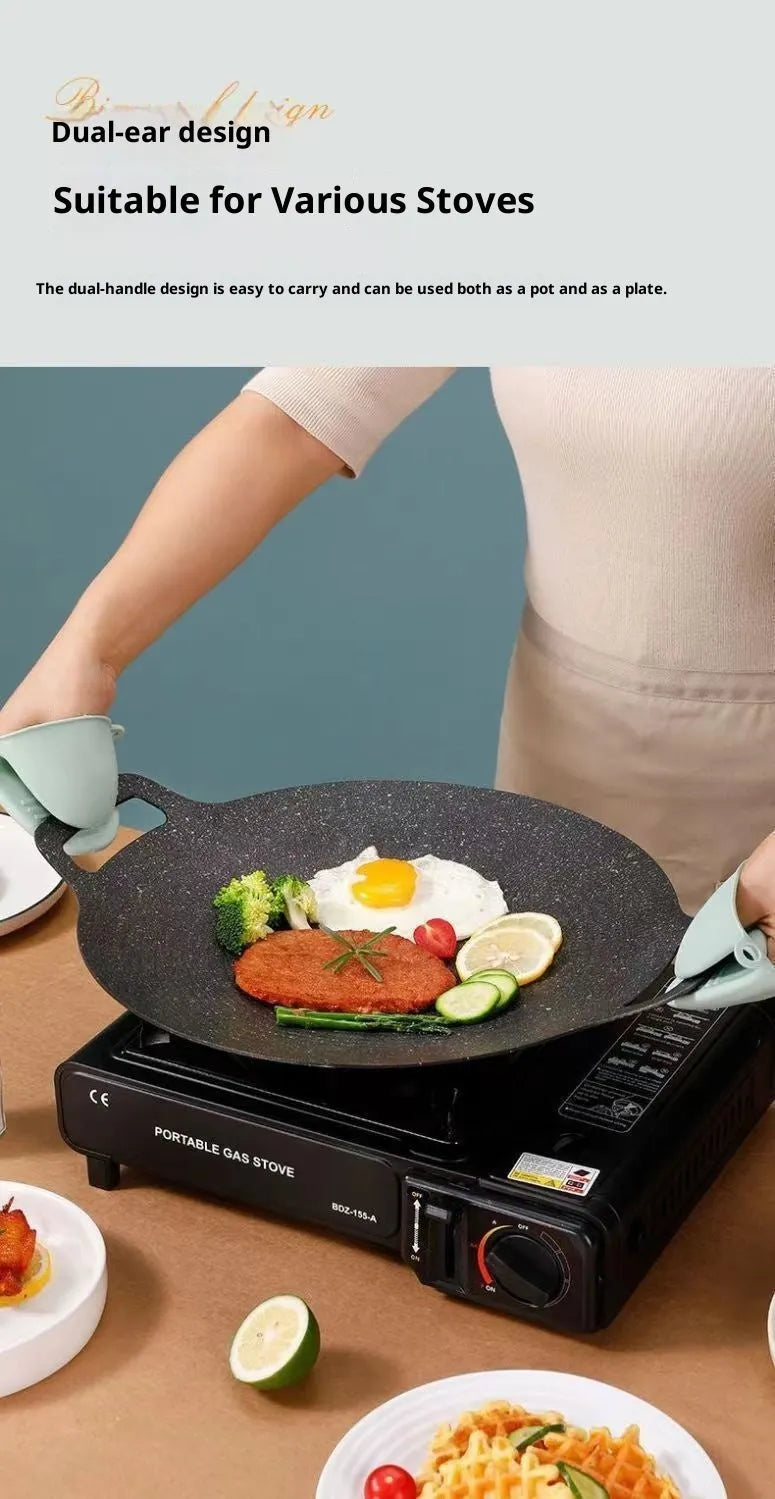 Round Maifan stone non-stick baking tray in iron, shown in 28cm to 38cm sizes for oven baking