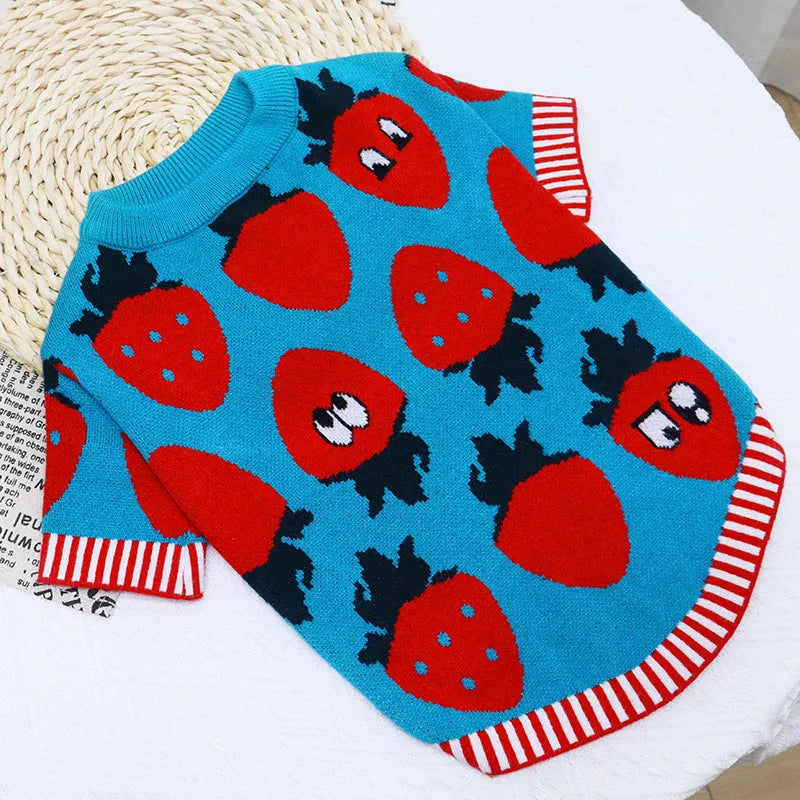 Wool dog jumper with cartoon jarre aero bull design in autumn and winter styles including rabbit and strawberry patterns