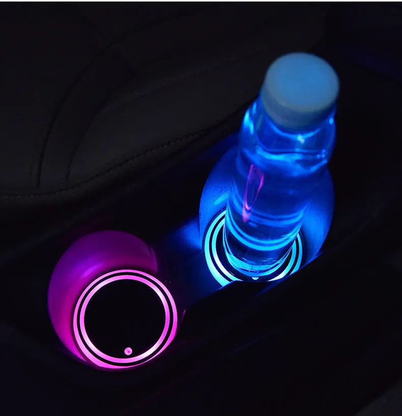 Colourful LED car cup holder coaster with seven light colours and USB cable