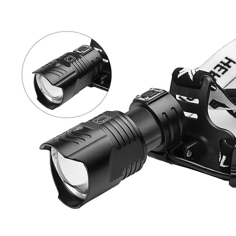 Black USB rechargeable telescopic zoom headlight torch with aluminium body