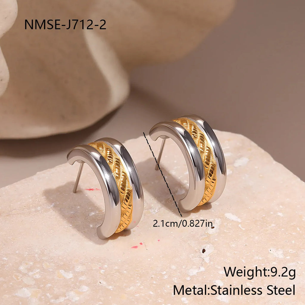 Stainless steel geometric earrings for women with 18K gold and silver colour matching round ring line design