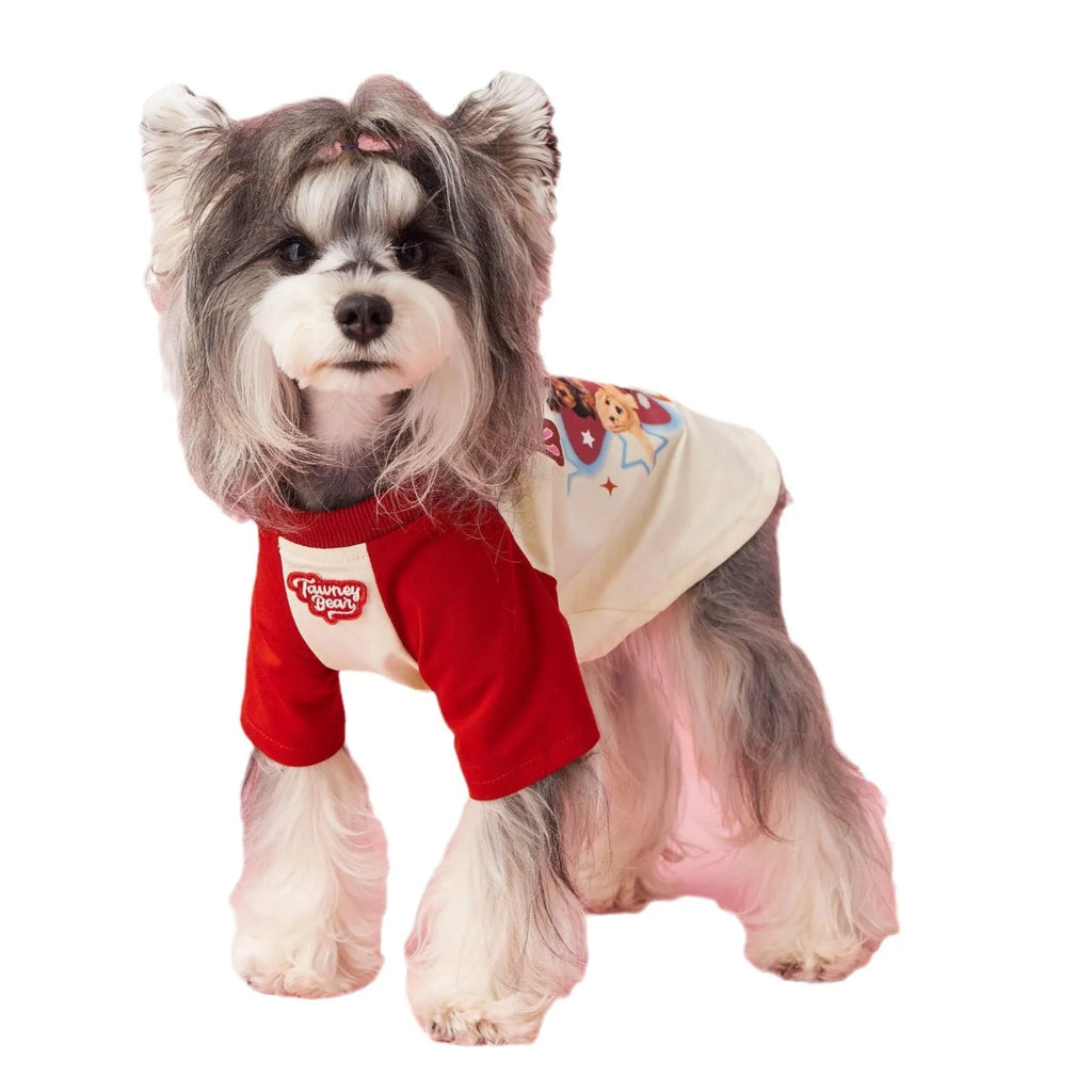 Red cotton dog summer clothes with contrast embroidery, shown on a mannequin.