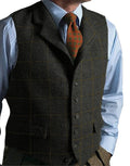 Men's plaid tweed gilet vest in Army Green with standard fit, button front