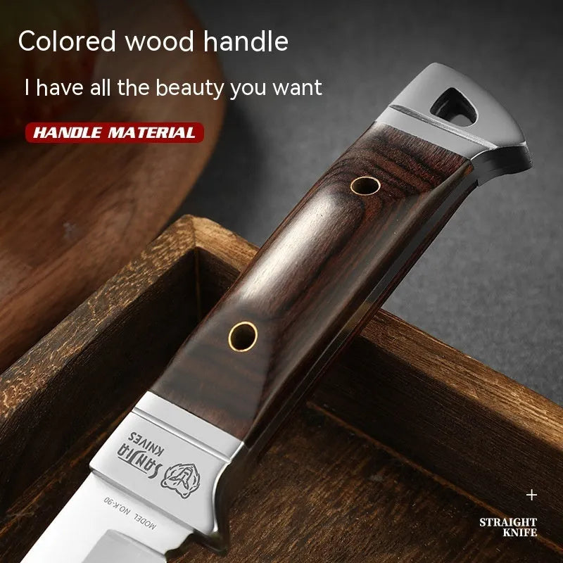 Camping multifunctional portable fruit knife with leather sheath, national style stainless steel blade