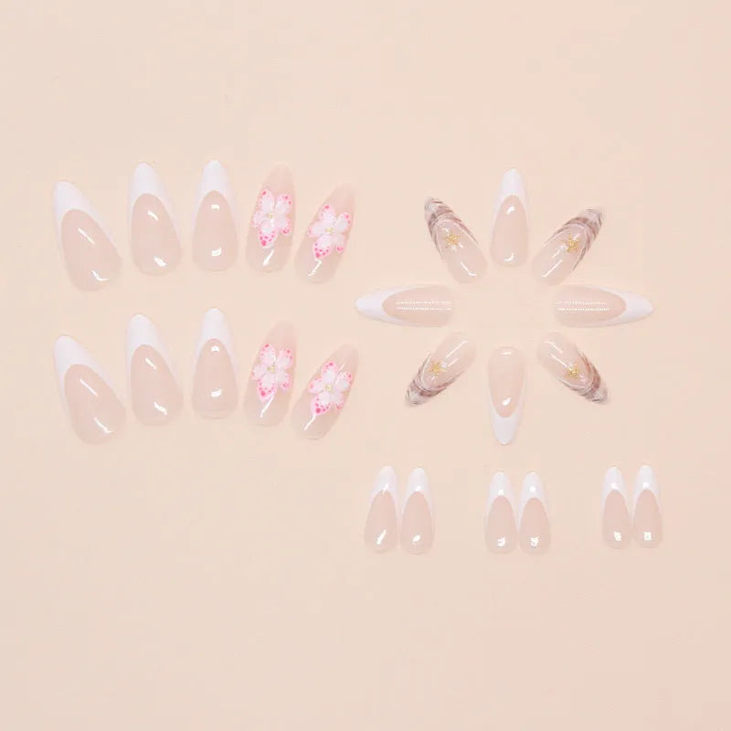 French style fake nails with removable flower and rock pattern decorative patches in W1764 Simple Flowers colour