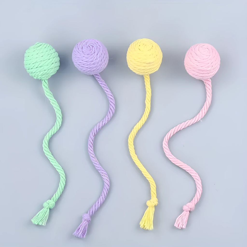 Colourful cat toy ball with attached rope, internal bell makes sound when rolled