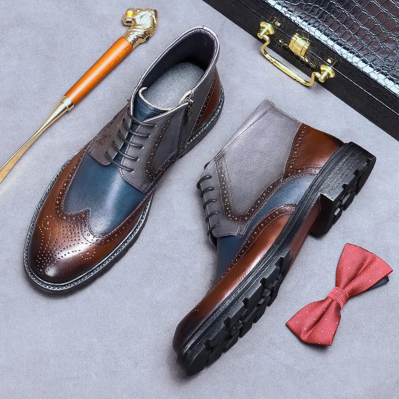 Men's Coffee Blue vintage brogue boots made from cowhide leather with a round toe and low square heel.
