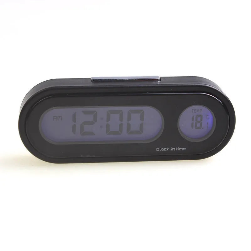 Black car electronic clock and thermometer with LED display on an adjustable dashboard bracket.