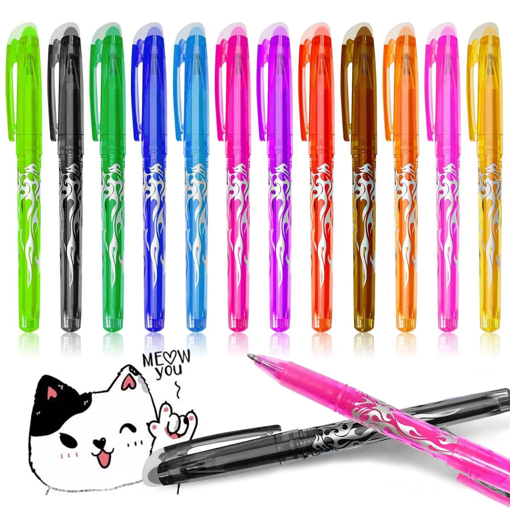 Set of hot erasable gel pens in multiple colours with plastic shells and stainless steel nibs.