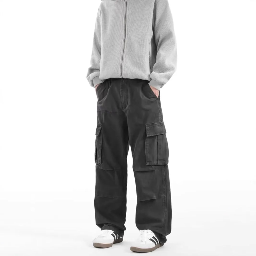 Men's multi-pocket cargo pants in army green or grey, cotton workwear trousers with drawstring waist, sizes M to 3XL