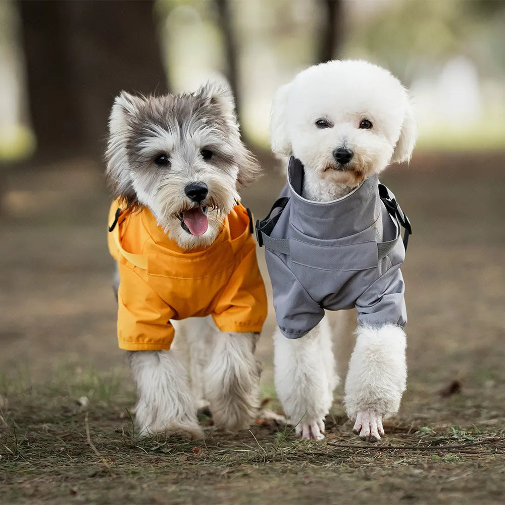 Waterproof polyester dog raincoat for small breeds with two legs in camouflage colour
