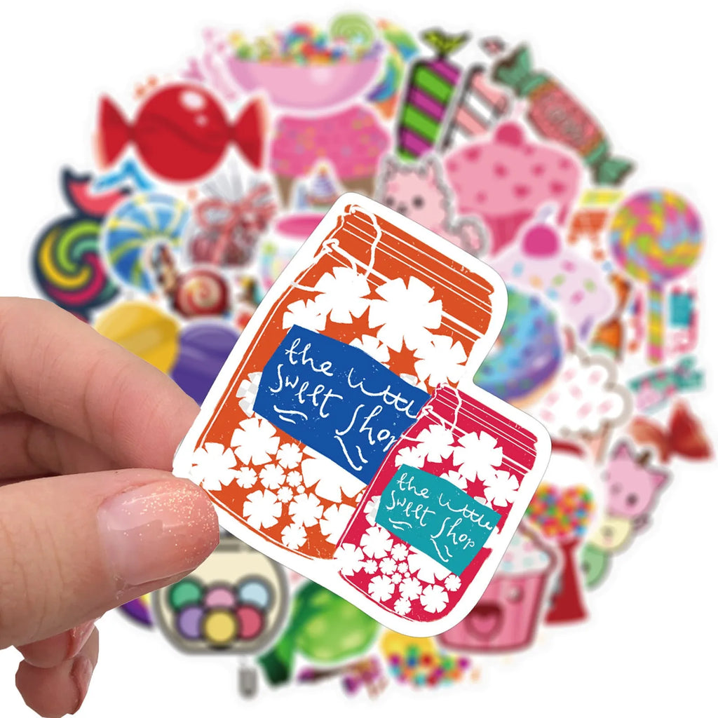 Pack of 50 colourful candy graffiti stickers with cartoon designs, sized 4-6cm.