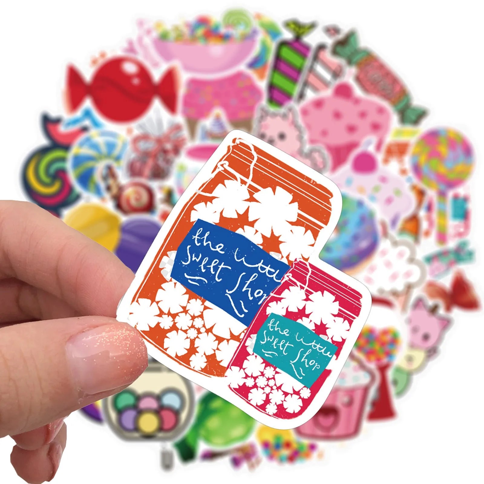 Pack of 50 colourful candy graffiti stickers with cartoon designs, sized 4-6cm.