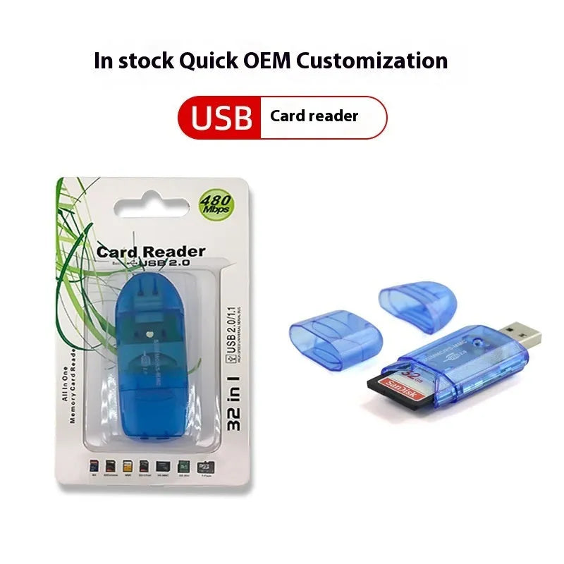 Transparent plastic USB card reader with LED light and memory card inserted, next to its card holder.