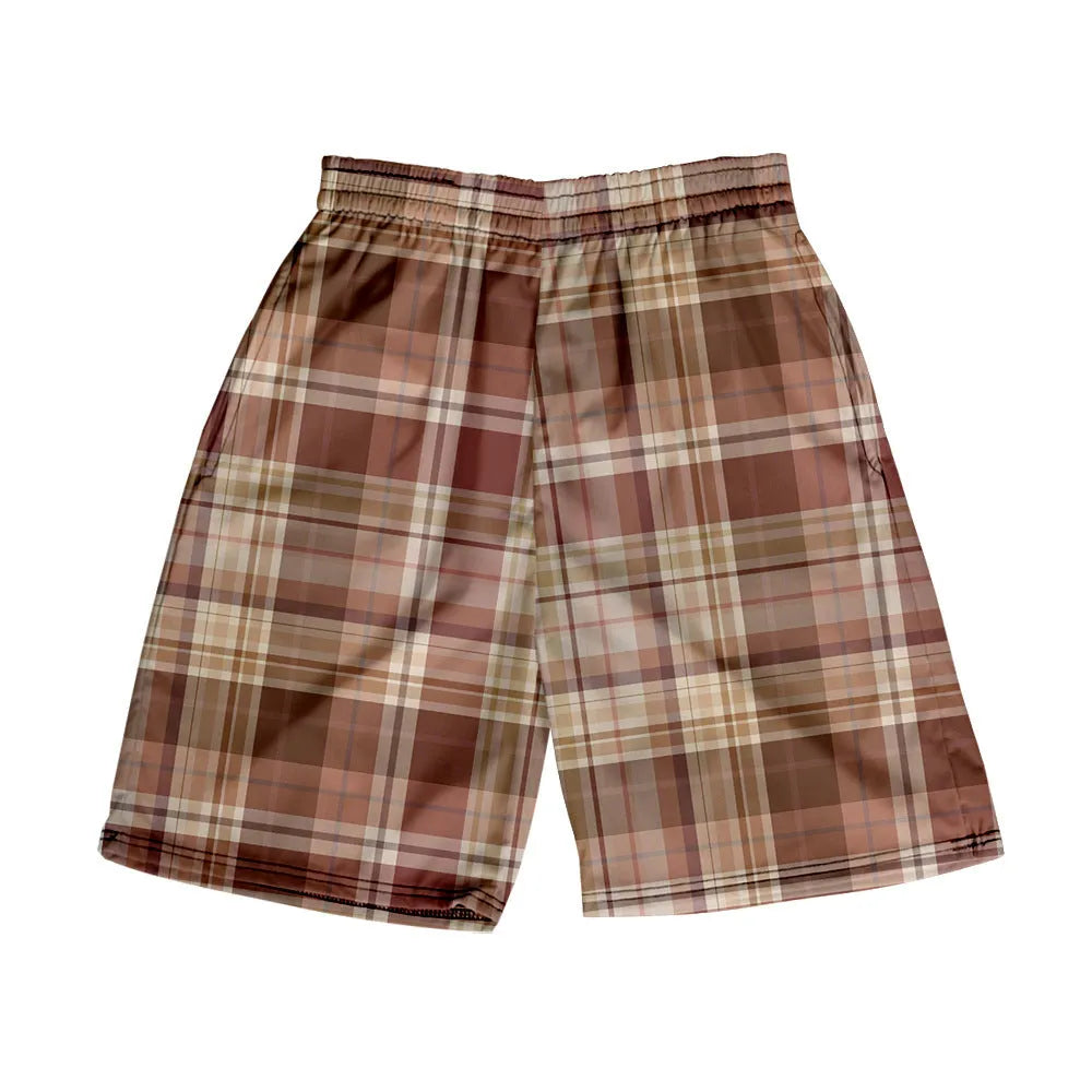 Men's plaid pattern casual shorts with elastic waistband on a plain background.