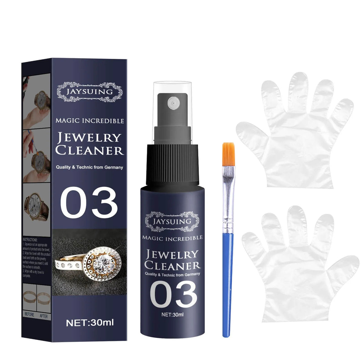 30ml jewellery cleaner in a plastic bottle measuring 13.8cm by 2.9cm for watch straps and jewellery