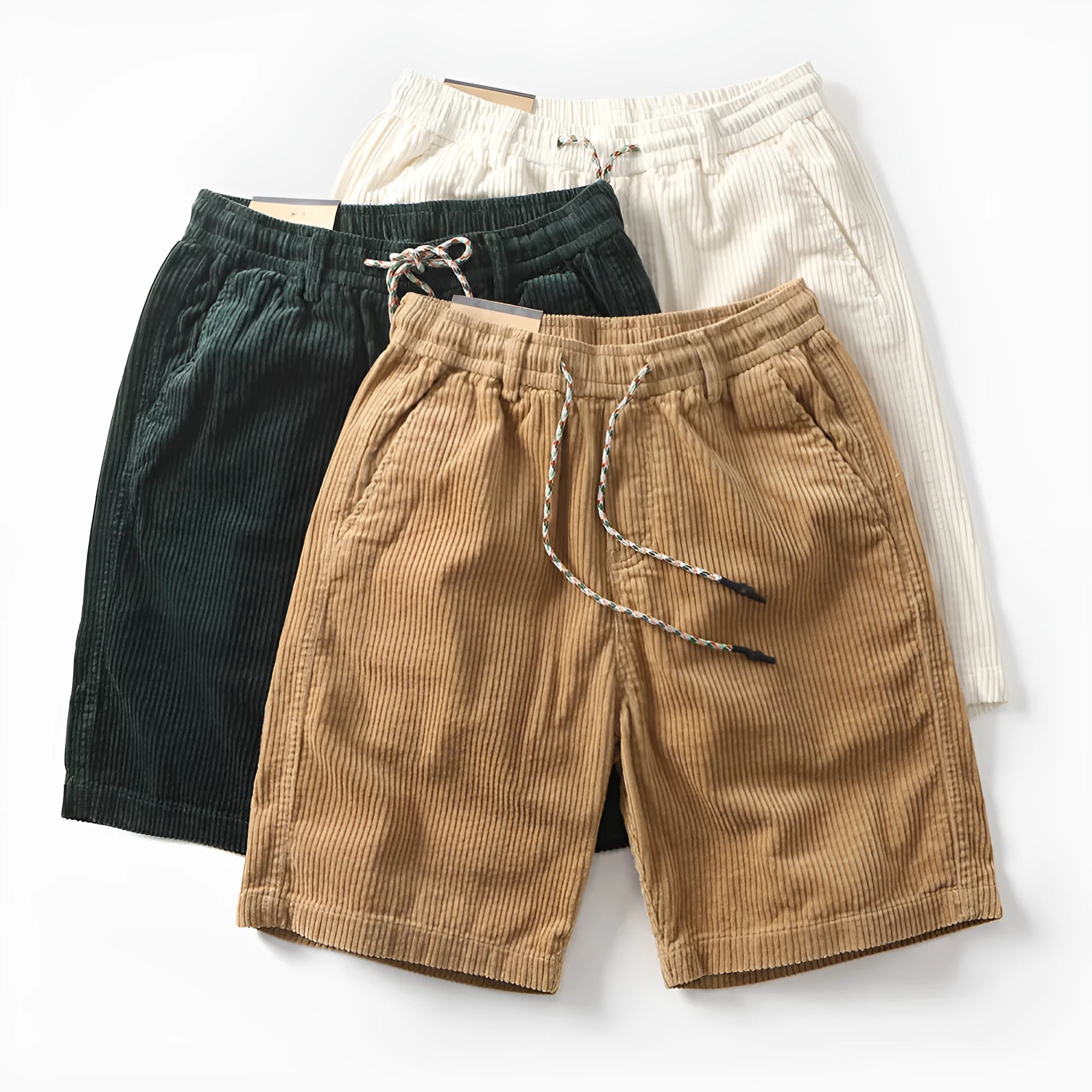 Men's khaki cargo shorts with straight leg cut and retro American street style design