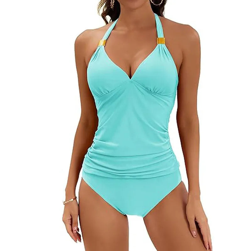 Women's solid colour halter neck two-piece swimsuit with tie sides in Army Green