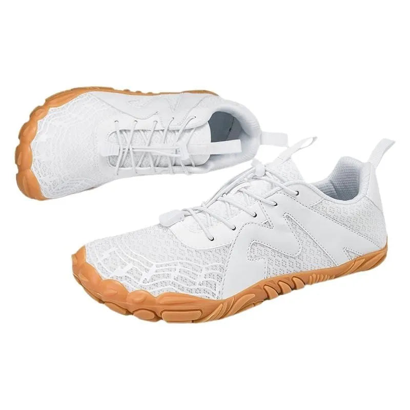 A pair of white and grey couple sports climbing shoes with Flyknit lining on a neutral background.