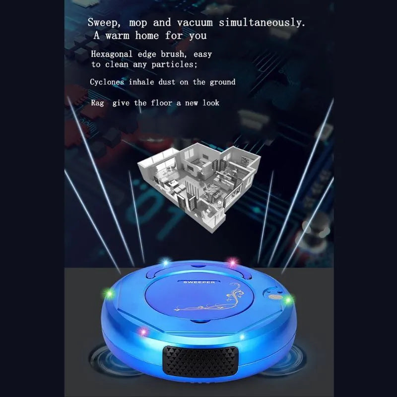 Blue robotic floor vacuum cleaner with dust box on hard wooden flooring